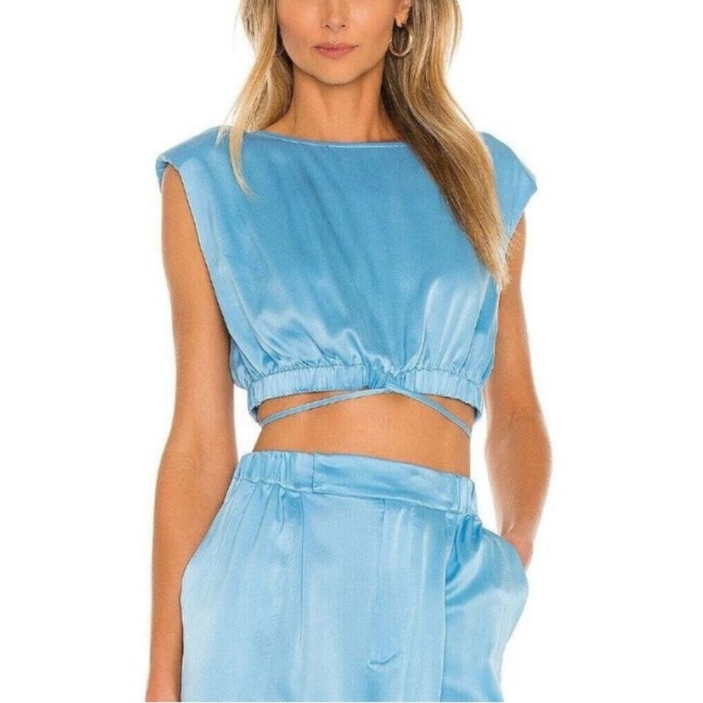 NWT Nicholas Rey Silk Cap Sleeve Waist Tie Sky Blue Top 10